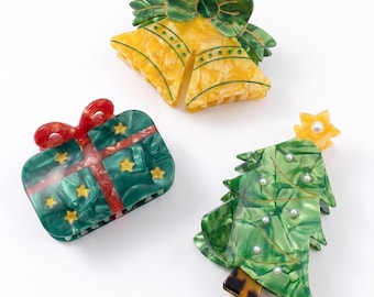 Kerst haarklem, vakantie haarklem, kerstboom klauwklem, geschenkdoos haarklem, klokken strik, feestelijk haaraccessoire