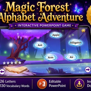 Op de afbeelding: Een interactief PowerPoint-spel getiteld Magic Forest Alphabet Adventure weergegeven op een tabletscherm. Het spel bevat een paarse bosachtergrond met gloeiende bubbels met de woorden Apple, Alligator, Arm en Ant, plus een boekpictogram.