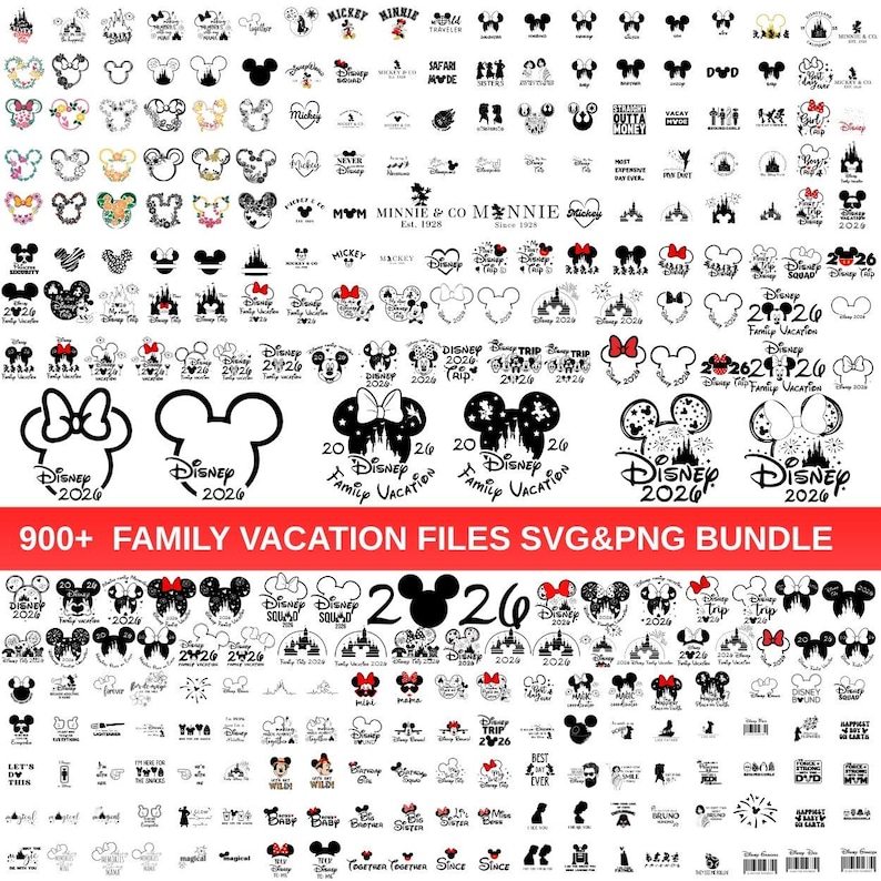 May include: A digital collection of over 900 black and white graphic files featuring Mickey and Minnie Mouse silhouettes, castle outlines, floral patterns, and text including Disney 2026 Family Vacation, presented as a large grid of icons.
