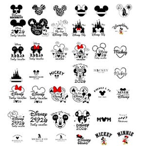 May include: A collection of black and white graphic designs featuring Mickey and Minnie Mouse silhouettes, castle icons, and text such as Disney Family Vacation 2026, My First Disney Trip, and Mickey & Co. These vector-style illustrations include hearts, bows, and fireworks motifs.