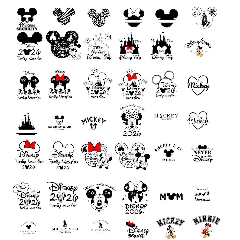 May include: A collection of black and white graphic designs featuring Mickey and Minnie Mouse silhouettes, castle icons, and text such as Disney Family Vacation 2026, My First Disney Trip, and Mickey & Co. These vector-style illustrations include hearts, bows, and fireworks motifs.