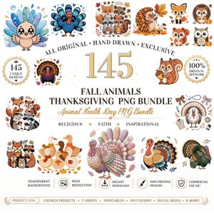 Könnte beinhalten: Eine digitale Sammlung von 145 Herbsttier- und Thanksgiving-PNG-Designs mit Truthähnen, Füchsen, Waschbären, Igeln, Eichhörnchen und Eulen. Der Text lautet 145 FALL ANIMALS THANKSGIVING PNG BUNDLE, ALL ORIGINAL HAND DRAWN EXCLUSIVE.