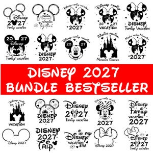 May include: A collection of twenty-two black graphic designs featuring Mickey and Minnie Mouse silhouettes, castle icons, and fireworks. The text includes Disney 2027, Family Vacation, Making Magical Memories Together, and In My Disney Vacation Era.