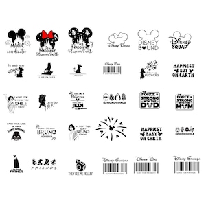 May include: A collection of black and white graphic designs featuring various character silhouettes, icons, and text phrases related to Disney themes, including quotes like Magic Coordinator, Happiest Place on Earth, Squad Goals, and various barcode designs.