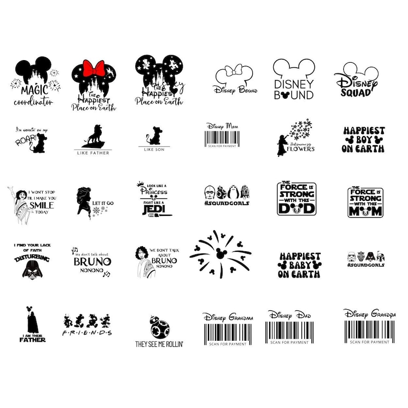 May include: A collection of black and white graphic designs featuring various character silhouettes, icons, and text phrases related to Disney themes, including quotes like Magic Coordinator, Happiest Place on Earth, Squad Goals, and various barcode designs.