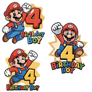May include: Three graphic illustrations of the character Mario wearing a red cap and blue overalls, each jumping with a fist raised. Each design includes the large number 4 and the colorful text Birthday Boy in a bold, playful font style.