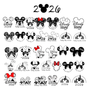 May include: A collection of black and white graphic designs featuring Mickey Mouse ear silhouettes, castle outlines, fireworks, and text including Disney 2026, Disney Squad, and Family Vacation. Some designs include a red bow on the mouse ears.