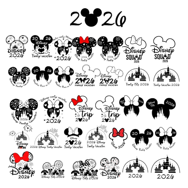May include: A collection of black and white graphic designs featuring Mickey Mouse ear silhouettes, castle outlines, fireworks, and text including Disney 2026, Disney Squad, and Family Vacation. Some designs include a red bow on the mouse ears.