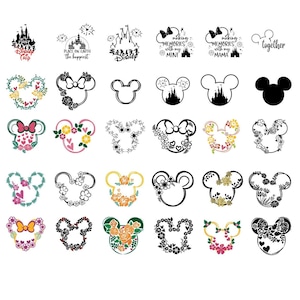 May include: A collection of twenty-nine black and white or colored graphic designs featuring Mickey Mouse head silhouettes, castle outlines, and floral patterns. Some designs include text such as First Disney Trip, Place on Earth the happiest, and making memories with my MINI or MAMA.