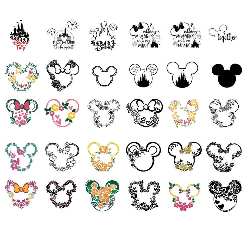 May include: A collection of twenty-nine black and white or colored graphic designs featuring Mickey Mouse head silhouettes, castle outlines, and floral patterns. Some designs include text such as First Disney Trip, Place on Earth the happiest, and making memories with my MINI or MAMA.