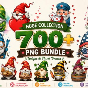 May include: A digital collection of over 700 gnome illustrations in a PNG bundle. The graphic features various gnomes with different themes including fishing, baking, skiing, and patriotic motifs, centered around the text HUGE COLLECTION 700+ PNG BUNDLE.