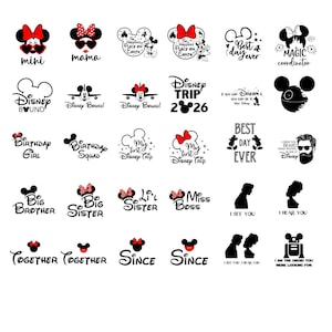 May include: A collection of thirty black and red graphic designs featuring various character silhouettes, Mickey Mouse ears, and text phrases including Disney Trip 2026, Magic Coordinator, Birthday Girl, Big Brother, and I Am The Droid You Were Looking For.