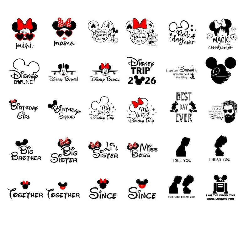 May include: A collection of thirty black and red graphic designs featuring various character silhouettes, Mickey Mouse ears, and text phrases including Disney Trip 2026, Magic Coordinator, Birthday Girl, Big Brother, and I Am The Droid You Were Looking For.