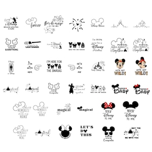 May include: A collection of black and white graphic designs featuring various Disney-themed icons, including Mickey Mouse silhouettes, castle outlines, and text phrases like 'Making Memories', 'Let's Get Wild', and 'Here for the Snacks'.