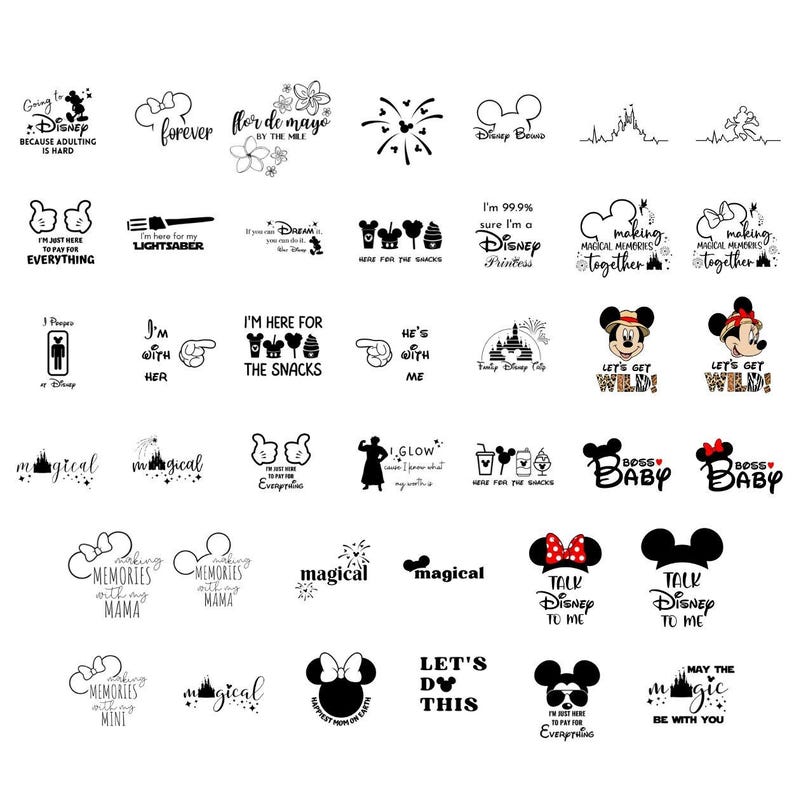 May include: A collection of black and white graphic designs featuring various Disney-themed icons, including Mickey Mouse silhouettes, castle outlines, and text phrases like 'Making Memories', 'Let's Get Wild', and 'Here for the Snacks'.