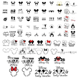 May include: A collection of black and white graphic decals featuring various Mickey and Minnie Mouse silhouettes, castle icons, and text such as Disney Trip 2026, Family Vacation, and various family member titles, designed for application on apparel or accessories.