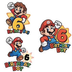 May include: Three graphic illustrations of the character Mario in a red shirt, blue overalls, and red hat, each featuring the number 6 and the text Birthday Boy in colorful, bold lettering, set against yellow star-shaped backgrounds.