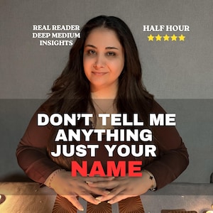 May include: A medium with long dark hair wearing a brown long-sleeve top. Text reads: REAL READER DEEP MEDIUM INSIGHTS, HALF HOUR, five yellow stars, and DON'T TELL ME ANYTHING JUST YOUR NAME. Three tarot cards with sunburst patterns are visible.