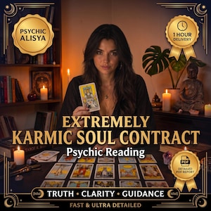 May include: A psychic reading service advertisement featuring a person holding a tarot card over a table spread with cards. Text includes PSYCHIC ALISYA, 1 HOUR DELIVERY, EXTREMELY KARMIC SOUL CONTRACT, Psychic Reading, PDF DETAILED PDF REPORT, TRUTH CLARITY GUIDANCE, FAST & ULTRA DETAILED.