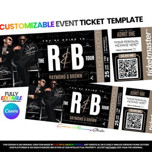 Op de afbeelding: Een aanpasbaar evenementticket-sjabloon met een zwart en beige ontwerp met de tekst THE R&B TOUR, RAYMOND & BROWN, ADMIT ONE en een QR-code. Het sjabloon bevat tijdelijke aanduidingen voor persoonlijke berichten en evenementdetails zoals datum en tijd.