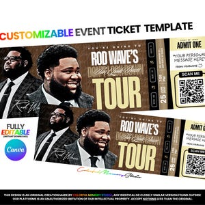 May include: A customizable event ticket template featuring a portrait of Rod Wave, the text "Rod Wave's Don't Look Down Tour," a QR code, and fields for personal messages. The design includes a brown wood-grain background and black accents.