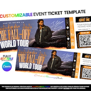 J Cole ticketsjabloon, The Fall Off tourticket | Personaliseerbaar en printbaar