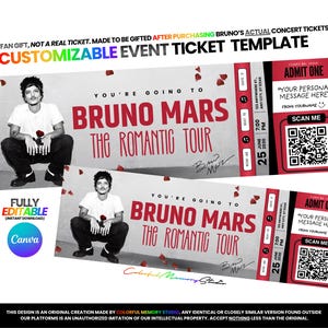 Bruno Mars Ticket Template, The Romantic Tour Ticket | Personalizable & Printable (Not a Real Ticket, Fan Use Only (: