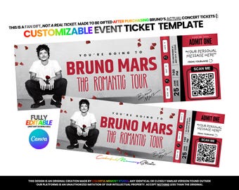 Bruno Mars Ticket Template, The Romantic Tour Ticket | Personalizable & Printable (Not a Real Ticket, Fan Use Only (: