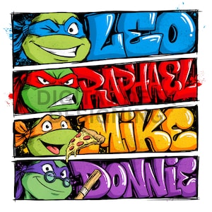 Puede incluir: Una ilustración gráfica con cuatro Tortugas Ninja en paneles horizontales separados. Cada panel muestra el rostro de un personaje y su nombre en estilo grafiti: azul Leo, rojo Raphael, naranja Mike con una porción de pizza y morado Donnie.