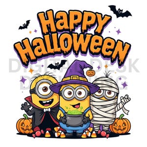 Puede incluir: Una ilustración gráfica con tres minions amarillos disfrazados para Halloween. Uno lleva una capa de vampiro, otro un sombrero de bruja morado con un caldero verde, y el tercero está envuelto como una momia. El texto Happy Halloween aparece arriba.