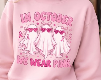 Sudadera rosa de fantasma de Halloween, sudadera con capucha de apoyo al cáncer de mama, suéter en octubre vestimos de rosa.