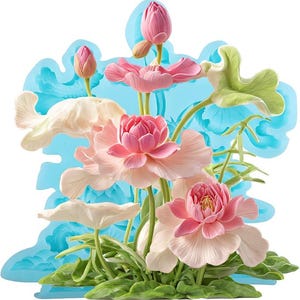 May include: A light blue silicone mold featuring a detailed relief design of multiple lotus flowers in various stages of bloom, including closed buds and fully opened blossoms with layered petals, alongside broad, wavy lotus leaves and stems.
