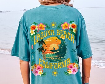 Laguna Beach Tropical Surf Comfort Colors Tee | Coconut Girl Aesthetic Beachy T-Shirt | Summer Vacation Ocean Vibes Top | Hibiscus & Palms