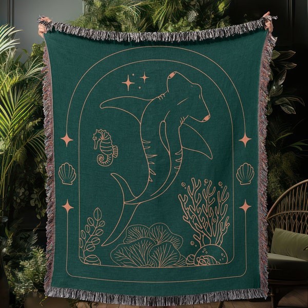 Hammerhead Shark Sea Life Woven Blanket | Ocean Inspired Tapestry Home Decor Beach Blanket | Celestial Beachy Aesthetic Reading Nook Throw