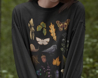 Cottagecore Fall Aesthetic Crewneck Sweatshirt | Woodland Goblincore Autumn Sweater | Mushrooms, Moths, Leaves | Forest Item Collection