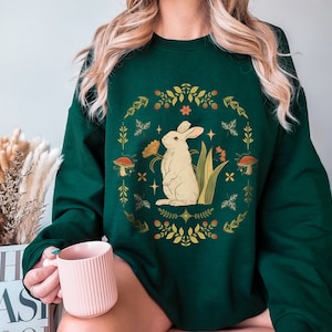 Cozy Scandinavian Folk Style Rabbit Botanical Crewneck Sweatshirt | Hygge Cottagecore Aesthetic Sweater | Bunny Mom Dad Animal Lover Gift