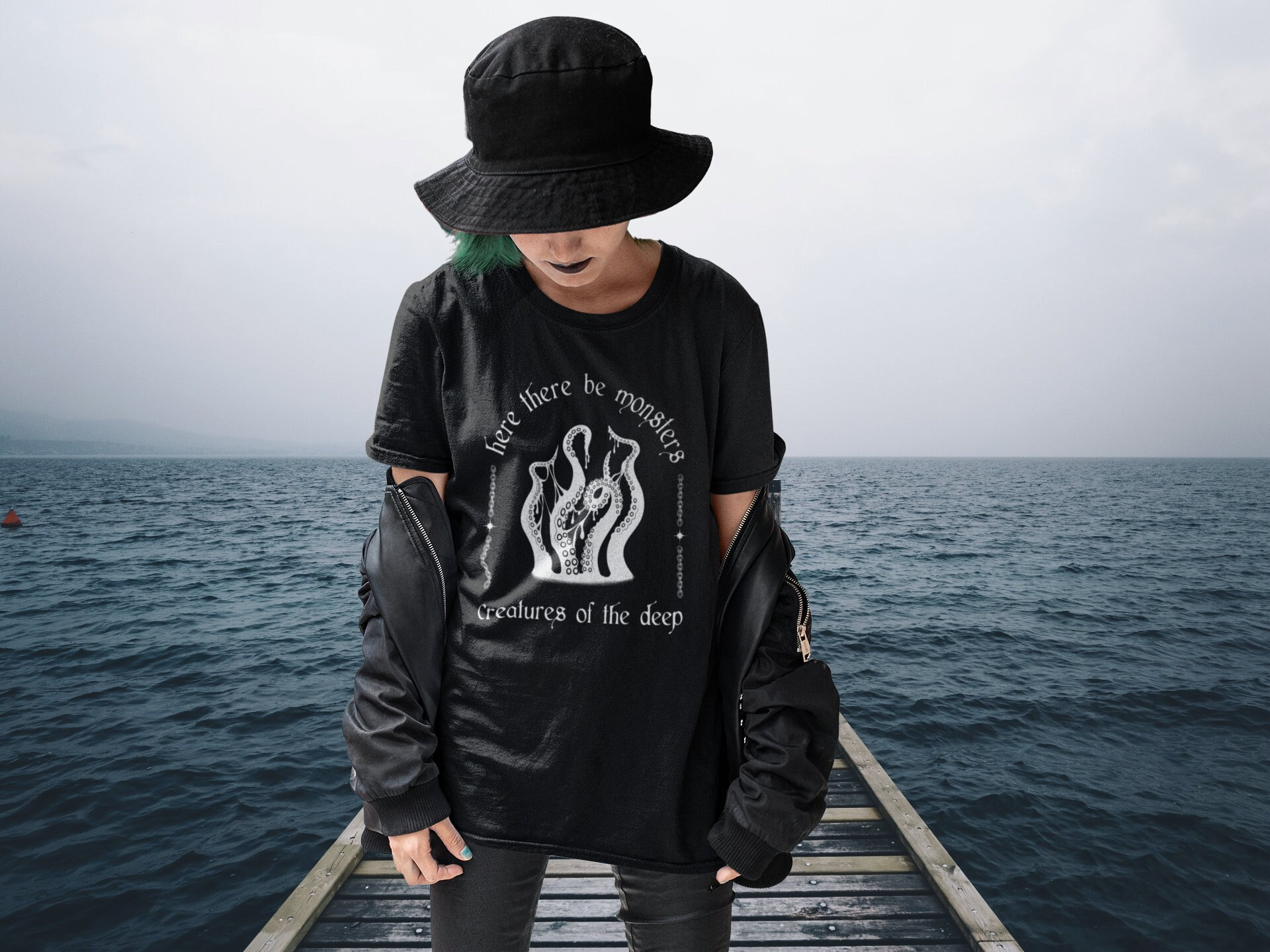 Here There Be Monsters Shirt | Pirate Kraken Graphic Tee Gothic 