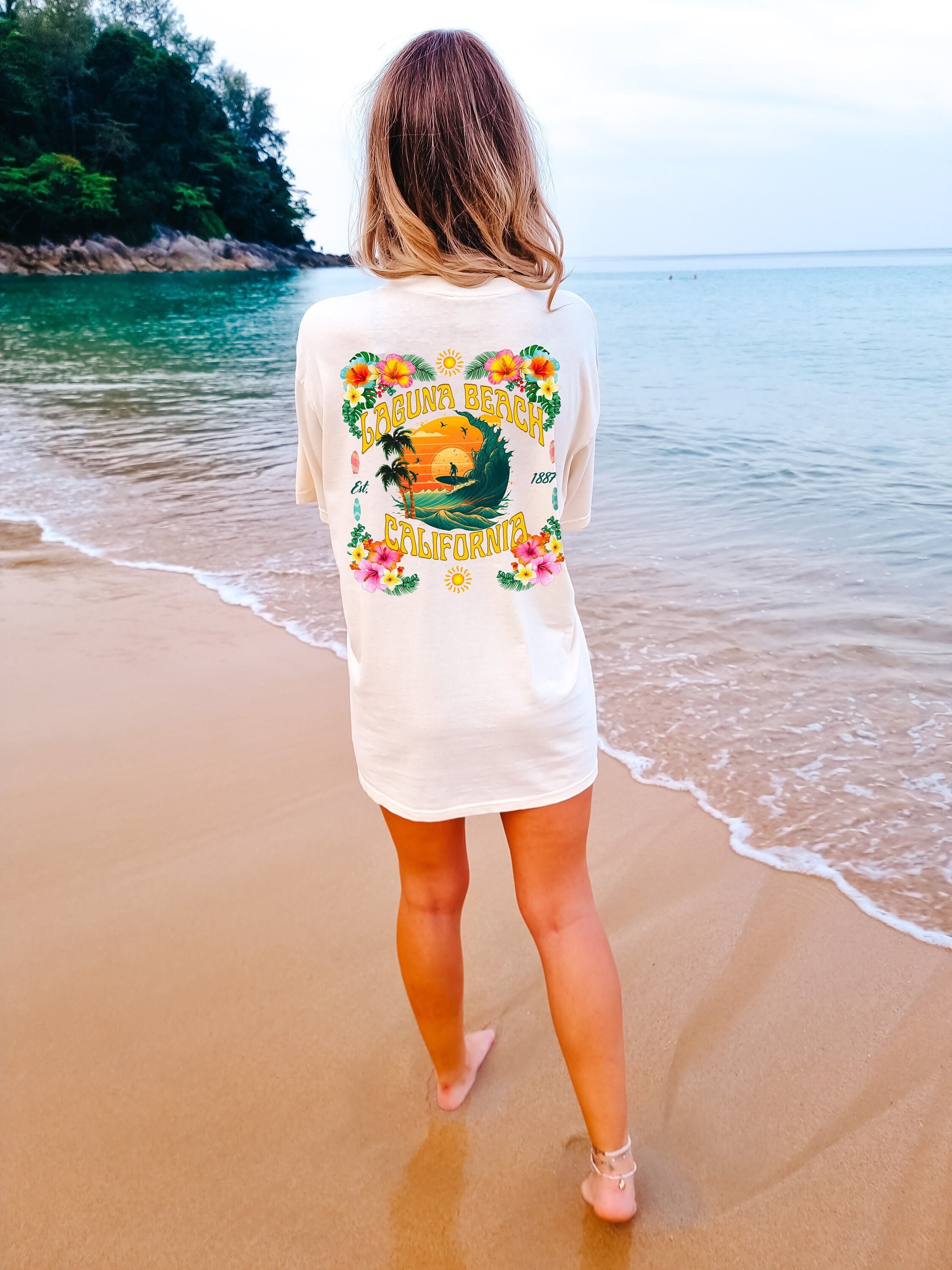 Laguna Beach Tropical Surf Back Print Tee Coconut Girl Aesthetic