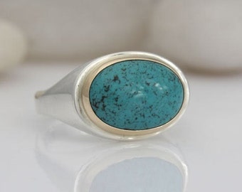 Chinese Turquoise Ring, Sterling Silver and 14k Gold, signet style ring, size 6 3/4, ready to ship.