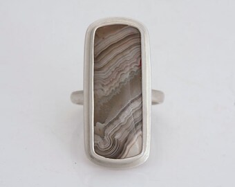 Crazy Lace Rosetta Agate, sterling silver ring, size 6 3/4 and ready to ship.