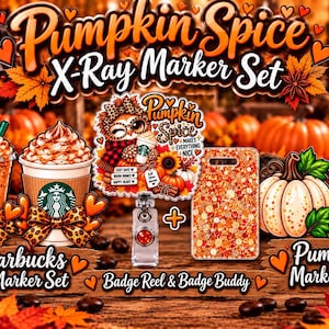 May include: A Pumpkin Spice X-Ray Marker Set featuring an owl badge reel with a pumpkin spice theme, a glittery badge buddy, and various pumpkin and coffee cup markers. The set includes decorative elements like autumn leaves and hearts.