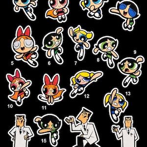 May include: A collection of seventeen die-cut stickers featuring characters from The Powerpuff Girls, including Blossom, Bubbles, Buttercup, and Professor Utonium in various poses, each numbered from 1 to 17 against a solid black background.