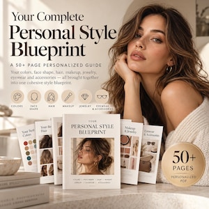 Könnte beinhalten: Ein über 50-seitiger personalisierter Leitfaden mit dem Titel Your Complete Personal Style Blueprint. Das Dokument enthält Abschnitte zu Farben, Gesichtsform, Haar, Make-up, Schmuck und Brillen sowie ein goldenes Siegel mit der Aufschrift 50+ Pages.