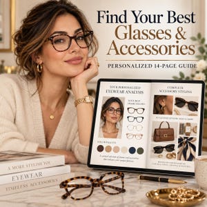 Könnte beinhalten: Ein personalisierter 14-seitiger Ratgeber mit dem Titel Find Your Best Glasses & Accessories, der Brillenanalysen, Rahmenformen, Farbpaletten und Accessoires zeigt. Der Ratgeber wird auf einem Bildschirm neben einer Schildpattbrille präsentiert.