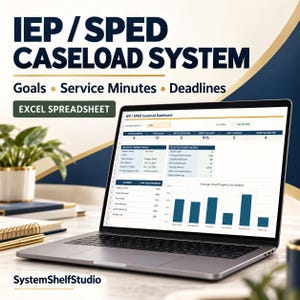 Pode incluir: Um computador portátil exibindo uma planilha Excel IEP / SPED Caseload Dashboard com tabelas de dados e um gráfico de barras mostrando o progresso das metas dos alunos, incluindo cabeçalhos para metas, minutos de serviço e prazos.