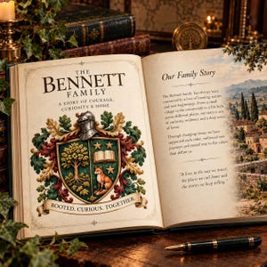 May include: An open book titled The Bennett Family, A Story of Courage, Curiosity & Home. The left page features a colourful coat of arms with a tree, an open book, and a fox, topped with a helmet. The right page contains text titled Our Family Story.
