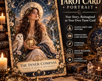 Könnte beinhalten: Ein personalisiertes Tarotkarten-Porträt mit dem Titel The Inner Compass, das eine Person mit einem goldenen Kompass, einer Eule, einem Mond und einer Berglandschaft zeigt. Der Text lautet Personalized Tarot Card Portrait, Your Story, Reimagined as Your Own Tarot Card, Custom Tarot Card Artwork, Personalized Card Meaning, Symbolism & Details, Phone Wallpaper Included, A Unique Keepsake Gift.