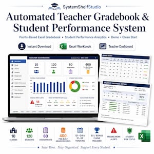 May include: An automated teacher gradebook and student performance system displayed on a laptop screen. The dashboard shows class averages, student risk status, and grade distribution. Includes Excel workbook files for grade entry and progress reports.
