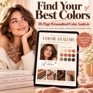 May include: A digital 18-page personalised colour analysis guide displayed on a tablet screen. The document features the text 'Your Personal Colour Analysis', 'Soft Autumn' season, and sections for wardrobe, makeup, hair, and style guide colour palettes.