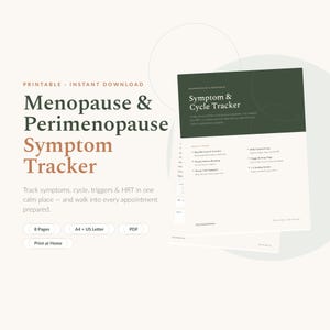 Könnte beinhalten: Ein druckbares Menopause & Perimenopause Symptom-Tracker-Dokument mit einer dunkelgrünen Kopfzeile und weißem Text. Die Seite enthält Abschnitte für den monatlichen Zyklus, Symptomprotokolle, Auslöser und Arztbesuchs-Zusammenfassungen.